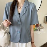 ブルー | ショートクロップドジャケット シンプル カジュアル 半袖 春 夏 レディース | Amulet