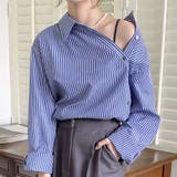 ブルー | アシンメトリーストライプブラウス 長袖 レディース | Amulet