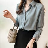 グリーン | スキッパーブラウス レディース 長袖 無地 プルオン 通勤 シンプル きれい目 | Amulet