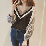 ブラック | Vネックドッキングブラウス レディース 長袖 | Amulet