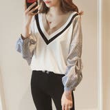 ホワイト | Vネックドッキングブラウス レディース 長袖 | Amulet