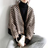 ブラック | ダイヤ柄ニットカーディガン レディース 長袖 | Amulet