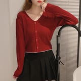 レッド | フェイクボタンリブトップス カットソー レディース | Amulet