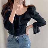 ブラック | ベルスリーブフリルブラウス レディース トップス | Amulet