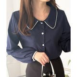 ネイビー | バイカラーパイピング長袖ブラウス レディース トップス | Amulet