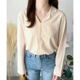 ベージュ | フェイクボタンデザインブラウス シンプル 長袖 | Amulet