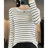 ボーダー柄クルーネック長袖リブニットトップス レディース 春秋 | Amulet | 詳細画像12 