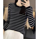 ボーダー柄クルーネック長袖リブニットトップス レディース 春秋 | Amulet | 詳細画像16 