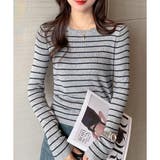 ボーダー柄クルーネック長袖リブニットトップス レディース 春秋 | Amulet | 詳細画像19 