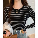 ボーダー柄クルーネック長袖リブニットトップス レディース 春秋 | Amulet | 詳細画像7 