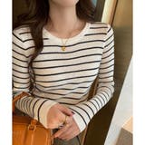 ボーダー柄クルーネック長袖リブニットトップス レディース 春秋 | Amulet | 詳細画像9 