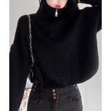 ブラック | ケーブル編み風ハイネックニットプルオーバー レディース 秋冬 | Amulet