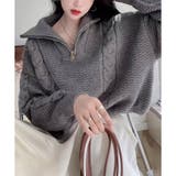 グレー | ケーブル編み風ハイネックニットプルオーバー レディース 秋冬 | Amulet