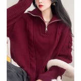 レッド | ケーブル編み風ハイネックニットプルオーバー レディース 秋冬 | Amulet