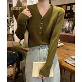 カーキ | Vネックデザインボタンリブニット レディース 長袖 | Amulet
