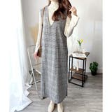 ブラック | チェック柄Vネックロングジャンパースカート レディース 春秋冬 | Amulet