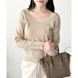 ベージュ | Vネック袖ボタンリブニット トップス 長袖 | Amulet