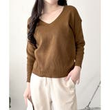 ブラウン | Vネック袖ボタンリブニット トップス 長袖 | Amulet