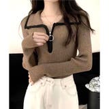 ブラウン | 配色ハーフジップリブニット トップス 長袖 | Amulet