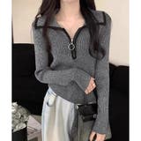 グレー | 配色ハーフジップリブニット トップス 長袖 | Amulet