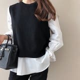 ブラック×ホワイト | ニットベスト付きブラウス オフィス シンプル シャツ 秋 冬 レディース | Amulet