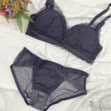 ネイビー | 下着 くすみカラーホワイトステッチフラワー刺繍ノンワイヤーブラ&ショーツセット | marcydorn