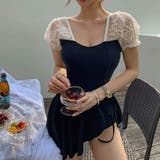 水着 透け感フラワーレースパフスリーブワンピース水着 スカート付き2点セット | marcydorn | 詳細画像1