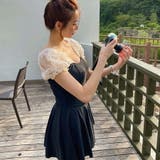 水着 透け感フラワーレースパフスリーブワンピース水着 スカート付き2点セット | marcydorn | 詳細画像8