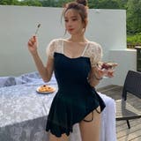 水着 透け感フラワーレースパフスリーブワンピース水着 スカート付き2点セット | marcydorn | 詳細画像9