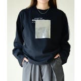 ブラック | チュール重ね箔プリントロングTシャツ カットソー レディース | and it 