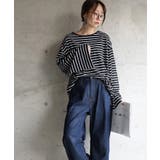 113ブラックxホワイト | ドロップショルダー長袖ボーダービッグカットソーゆったり オーバーサイズ ロンT | and it