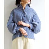 ネイビー×ホワイト | ストライプブロードボリュームスリーブシャツ シャツ レディース | and it 