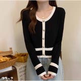 ブラック | 長袖セーター Uネック ショート丈 配色 パールボタン 韓国ファッション | And Kawaii