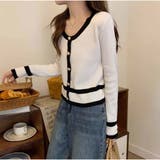 長袖セーター Uネック ショート丈 配色 パールボタン 韓国ファッション | And Kawaii | 詳細画像4 