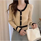 長袖セーター Uネック ショート丈 配色 パールボタン 韓国ファッション | And Kawaii | 詳細画像6 