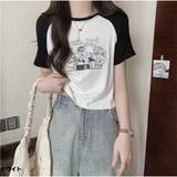 ホワイト | レトロ漫画プリント配色Tシャツ 半袖 カジュアル ショート丈  | And Kawaii