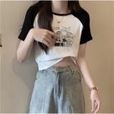 レトロ漫画プリント配色Tシャツ 半袖 カジュアル ショート丈  | And Kawaii | 詳細画像5 