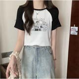 レトロ漫画プリント配色Tシャツ 半袖 カジュアル ショート丈  | And Kawaii | 詳細画像6 