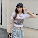 ショート丈Tシャツ ロゴプリント ミニ丈へそ見え半袖 ロゴTシャツ トップス | And Kawaii | 詳細画像13 