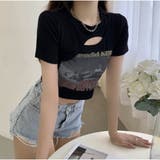 ショート丈Tシャツ ロゴプリント ミニ丈へそ見え半袖 ロゴTシャツ トップス | And Kawaii | 詳細画像18 