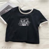 ブラック | バイカラーTシャツ ロゴTシャツ 半袖 ショート丈 カジュアル 夏服 | And Kawaii