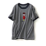 ネイビー | 半袖ボーダーニット Tシャツ トップス カットソー 切り替え レディース | And Kawaii