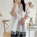 韓国ファッションチュールドッキング五分袖キーネックペプラムブラウス 切替BIGブ… | And Kawaii | 詳細画像9 