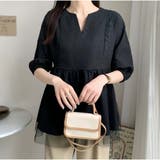 ブラック | 韓国ファッションチュールドッキング五分袖キーネックペプラムブラウス 切替BIGブ… | And Kawaii