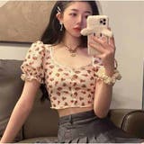 A | 小花柄 Tシャツ カットソー レディース フェミニンなパフスリーブのトップス  | And Kawaii
