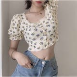 B | 小花柄 Tシャツ カットソー レディース フェミニンなパフスリーブのトップス  | And Kawaii