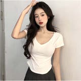 Vネック Tシャツ ショート丈 トップス シンプル 夏服  韓国ファッション | And Kawaii | 詳細画像10 