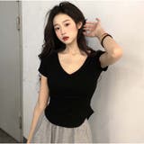 ブラック | Vネック Tシャツ ショート丈 トップス シンプル 夏服  韓国ファッション | And Kawaii