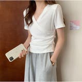 ホワイト | クロスTシャツ Vネック 半袖Tシャツ レディース 薄い ショート丈 夏 | And Kawaii