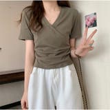 カーキ | クロスTシャツ Vネック 半袖Tシャツ レディース 薄い ショート丈 夏 | And Kawaii